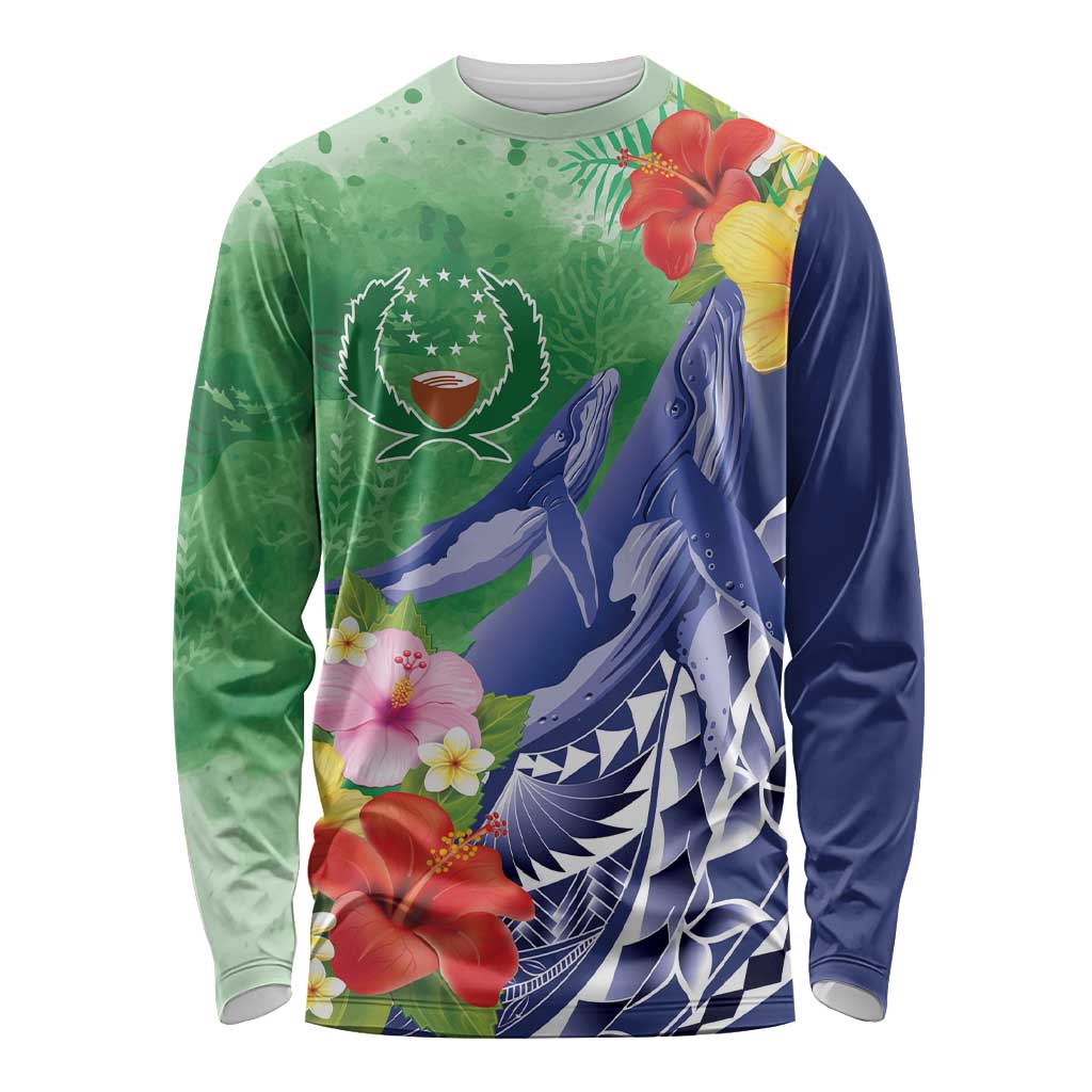 Personalised Pohnpei States Humpback Whale Long Sleeve Shirt Polynesian Tropical Flowers