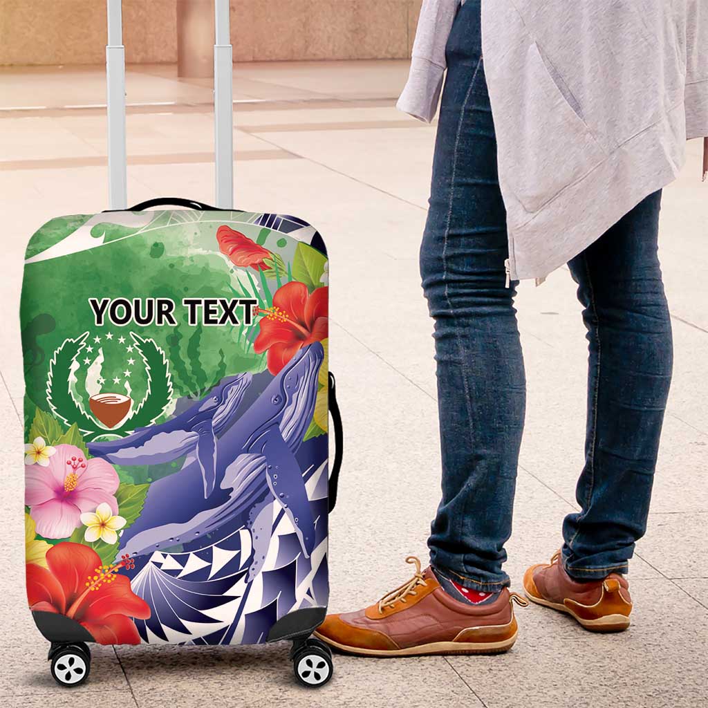 Personalised Pohnpei States Humpback Whale Luggage Cover Polynesian Tropical Flowers