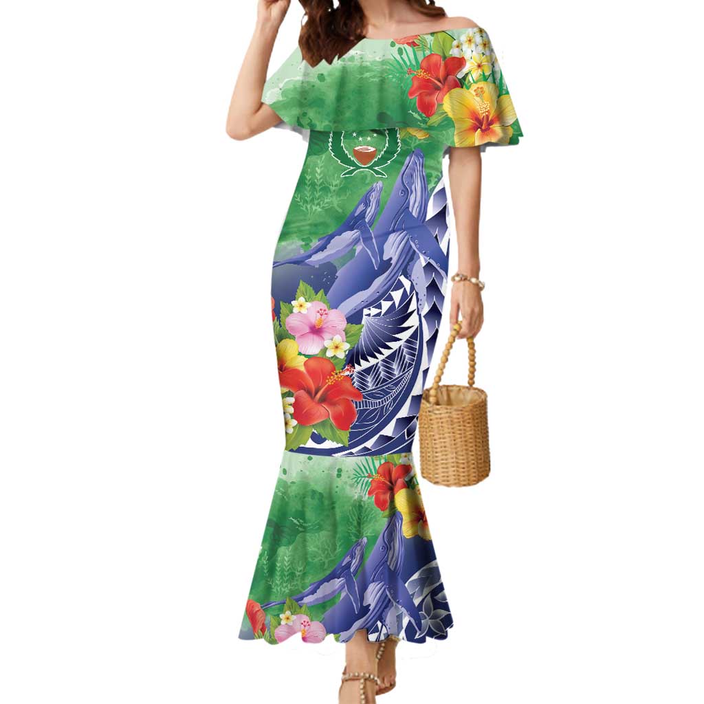 Personalised Pohnpei States Humpback Whale Mermaid Dress Polynesian Tropical Flowers LT9 Women Blue - Polynesian Pride
