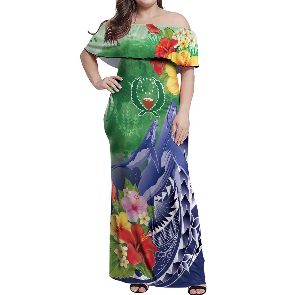 Personalised Pohnpei States Humpback Whale Off Shoulder Maxi Dress Polynesian Tropical Flowers LT9 Women Blue - Polynesian Pride