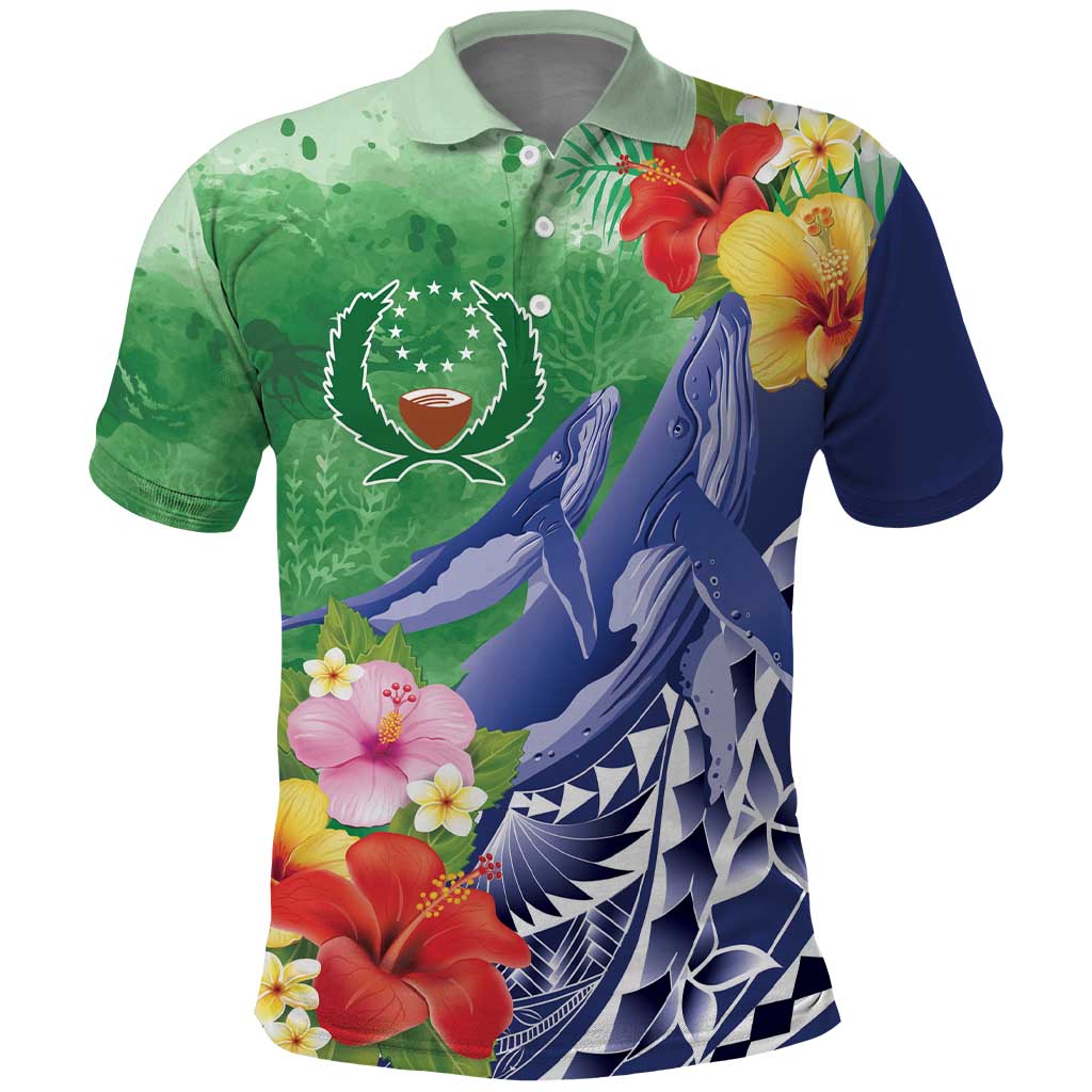 Personalised Pohnpei States Humpback Whale Polo Shirt Polynesian Tropical Flowers