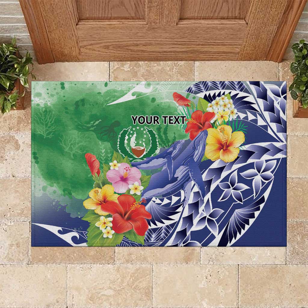 Personalised Pohnpei States Humpback Whale Rubber Doormat Polynesian Tropical Flowers LT9 Blue - Polynesian Pride