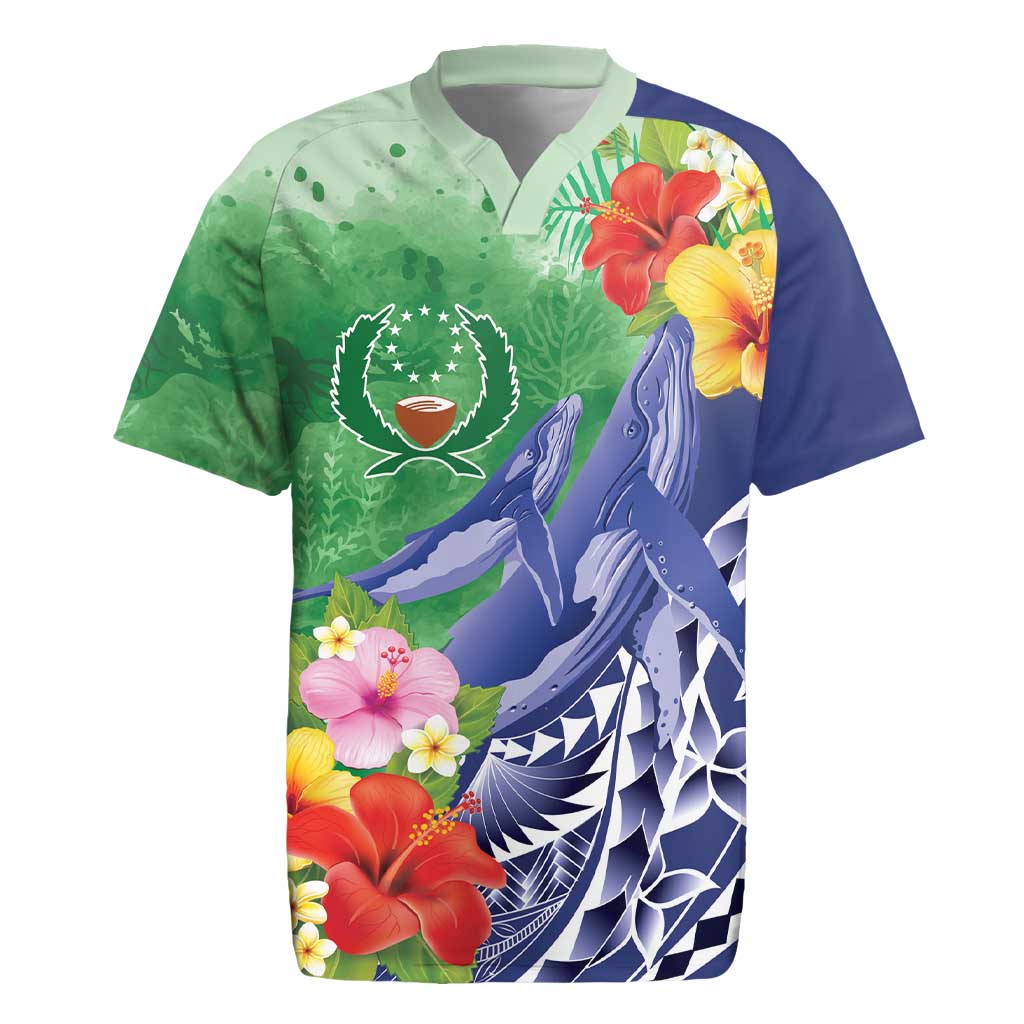 Personalised Pohnpei States Humpback Whale Rugby Jersey Polynesian Tropical Flowers