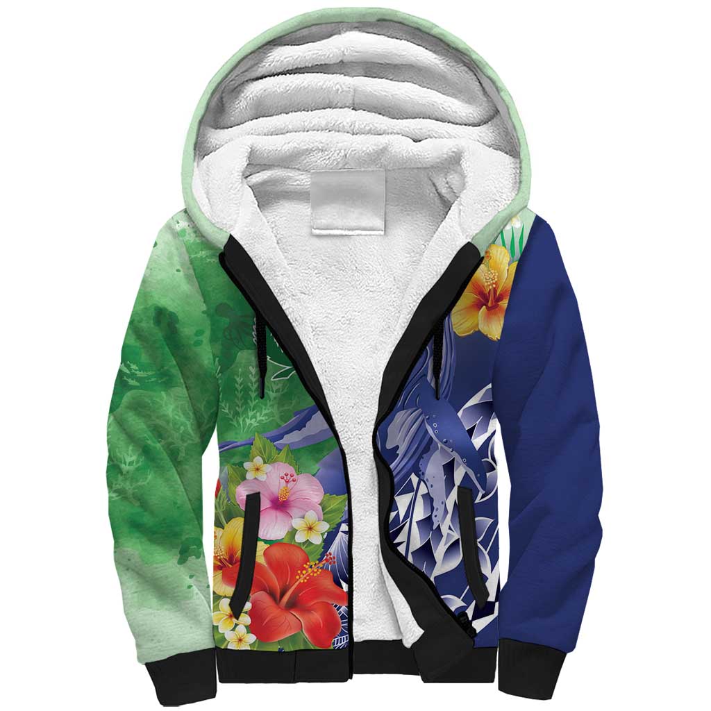 Personalised Pohnpei States Humpback Whale Sherpa Hoodie Polynesian Tropical Flowers