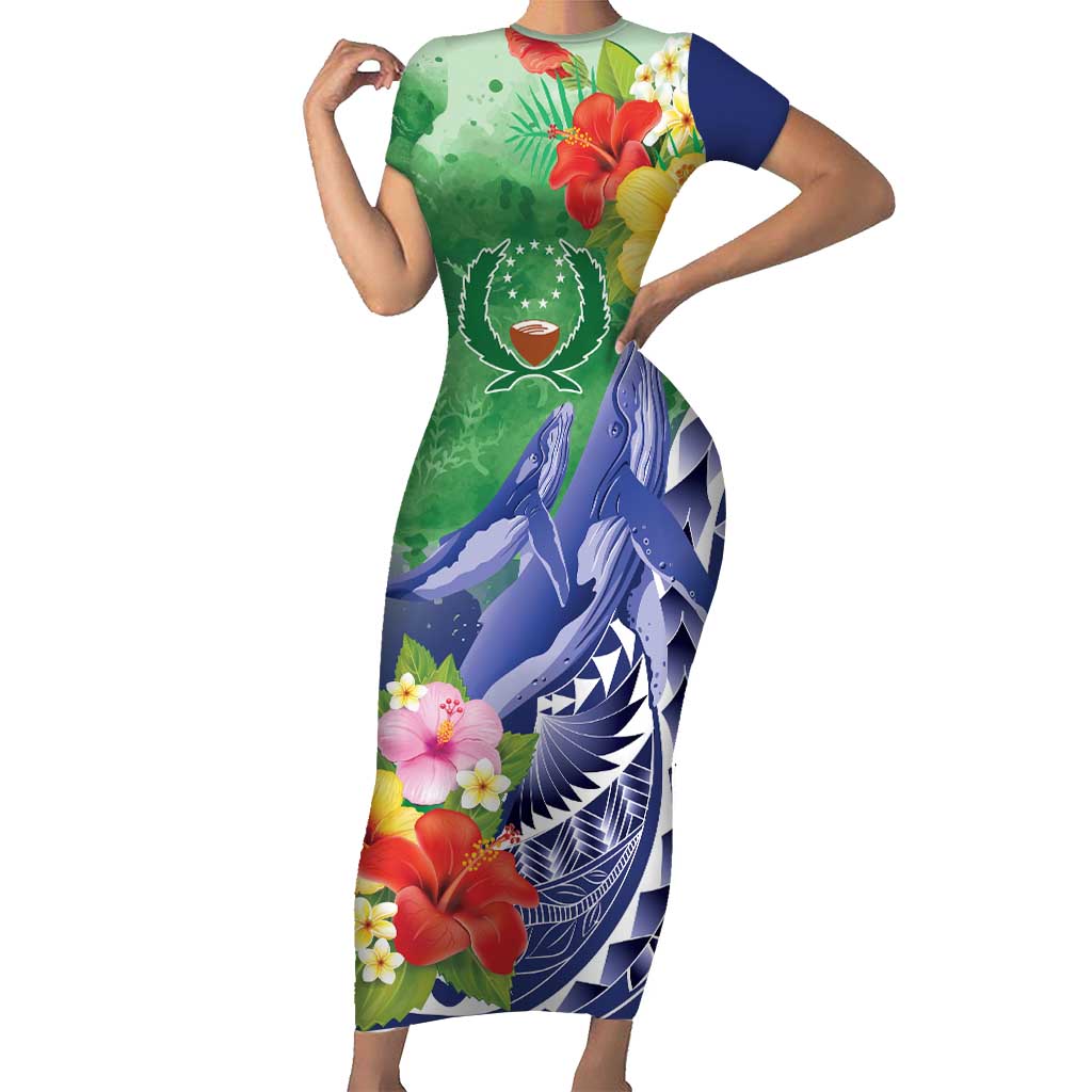 Personalised Pohnpei States Humpback Whale Short Sleeve Bodycon Dress Polynesian Tropical Flowers