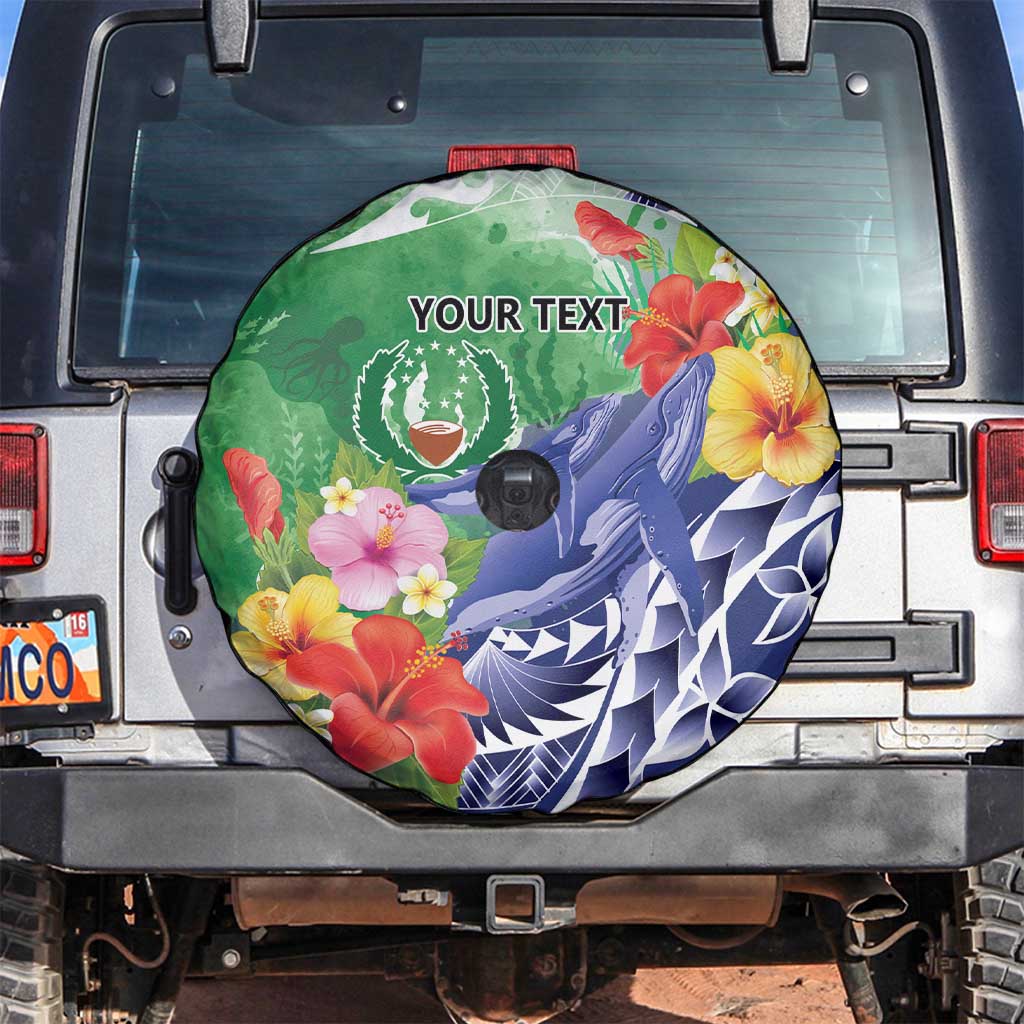 Personalised Pohnpei States Humpback Whale Spare Tire Cover Polynesian Tropical Flowers