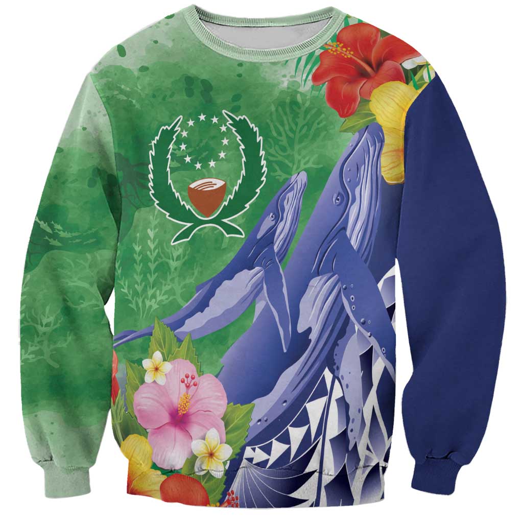 Personalised Pohnpei States Humpback Whale Sweatshirt Polynesian Tropical Flowers LT9 Unisex Blue - Polynesian Pride