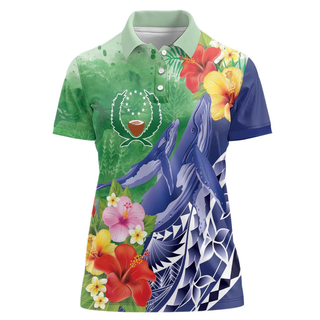 Personalised Pohnpei States Humpback Whale Women Polo Shirt Polynesian Tropical Flowers