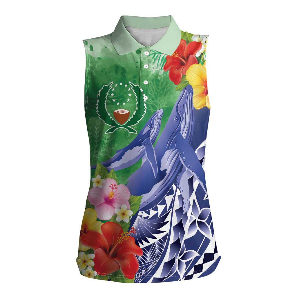 Personalised Pohnpei States Humpback Whale Women Sleeveless Polo Shirt Polynesian Tropical Flowers