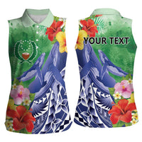 Personalised Pohnpei States Humpback Whale Women Sleeveless Polo Shirt Polynesian Tropical Flowers LT9 - Polynesian Pride