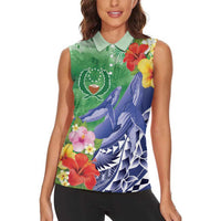 Personalised Pohnpei States Humpback Whale Women Sleeveless Polo Shirt Polynesian Tropical Flowers LT9 - Polynesian Pride
