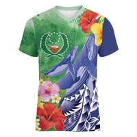 Personalised Pohnpei States Humpback Whale Women V-Neck T-Shirt Polynesian Tropical Flowers LT9 Female Blue - Polynesian Pride