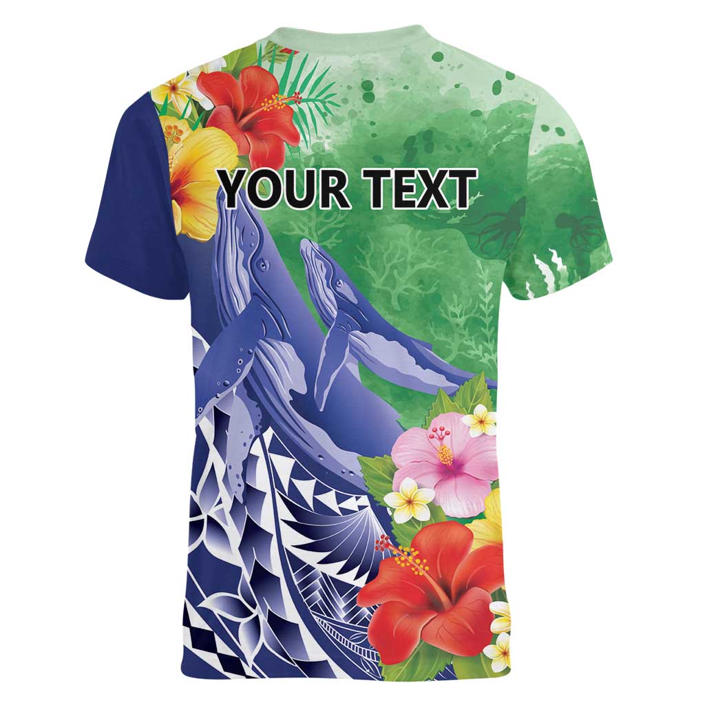 Personalised Pohnpei States Humpback Whale Women V-Neck T-Shirt Polynesian Tropical Flowers LT9 - Polynesian Pride