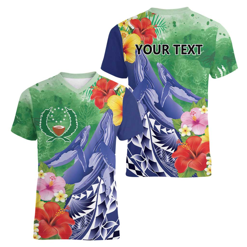 Personalised Pohnpei States Humpback Whale Women V-Neck T-Shirt Polynesian Tropical Flowers LT9 - Polynesian Pride