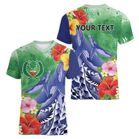 Personalised Pohnpei States Humpback Whale Women V-Neck T-Shirt Polynesian Tropical Flowers LT9 - Polynesian Pride