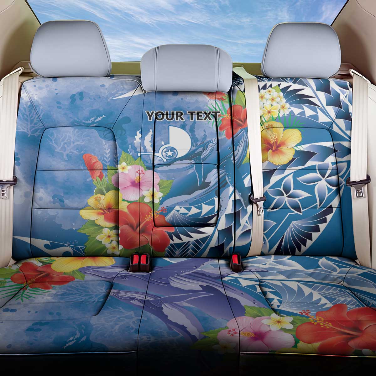 Personalised Yap States Humpback Whale Back Car Seat Cover Polynesian Tropical Flowers