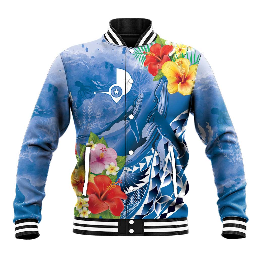 Personalised Yap States Humpback Whale Baseball Jacket Polynesian Tropical Flowers LT9 Unisex Blue - Polynesian Pride