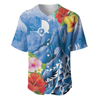 Personalised Yap States Humpback Whale Baseball Jersey Polynesian Tropical Flowers LT9 Blue - Polynesian Pride