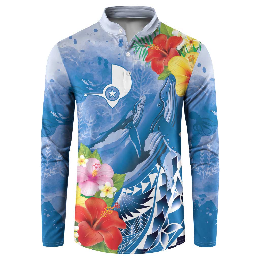 Personalised Yap States Humpback Whale Button Sweatshirt Polynesian Tropical Flowers LT9 Blue - Polynesian Pride