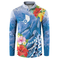 Personalised Yap States Humpback Whale Button Sweatshirt Polynesian Tropical Flowers LT9 Blue - Polynesian Pride