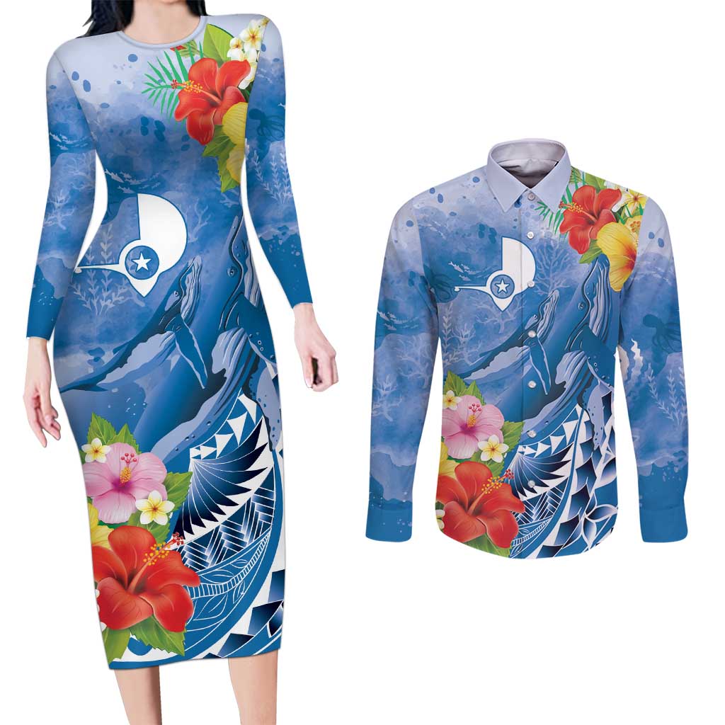 Personalised Yap States Humpback Whale Couples Matching Long Sleeve Bodycon Dress and Long Sleeve Button Shirt Polynesian Tropical Flowers LT9 Blue - Polynesian Pride
