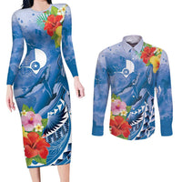 Personalised Yap States Humpback Whale Couples Matching Long Sleeve Bodycon Dress and Long Sleeve Button Shirt Polynesian Tropical Flowers LT9 Blue - Polynesian Pride