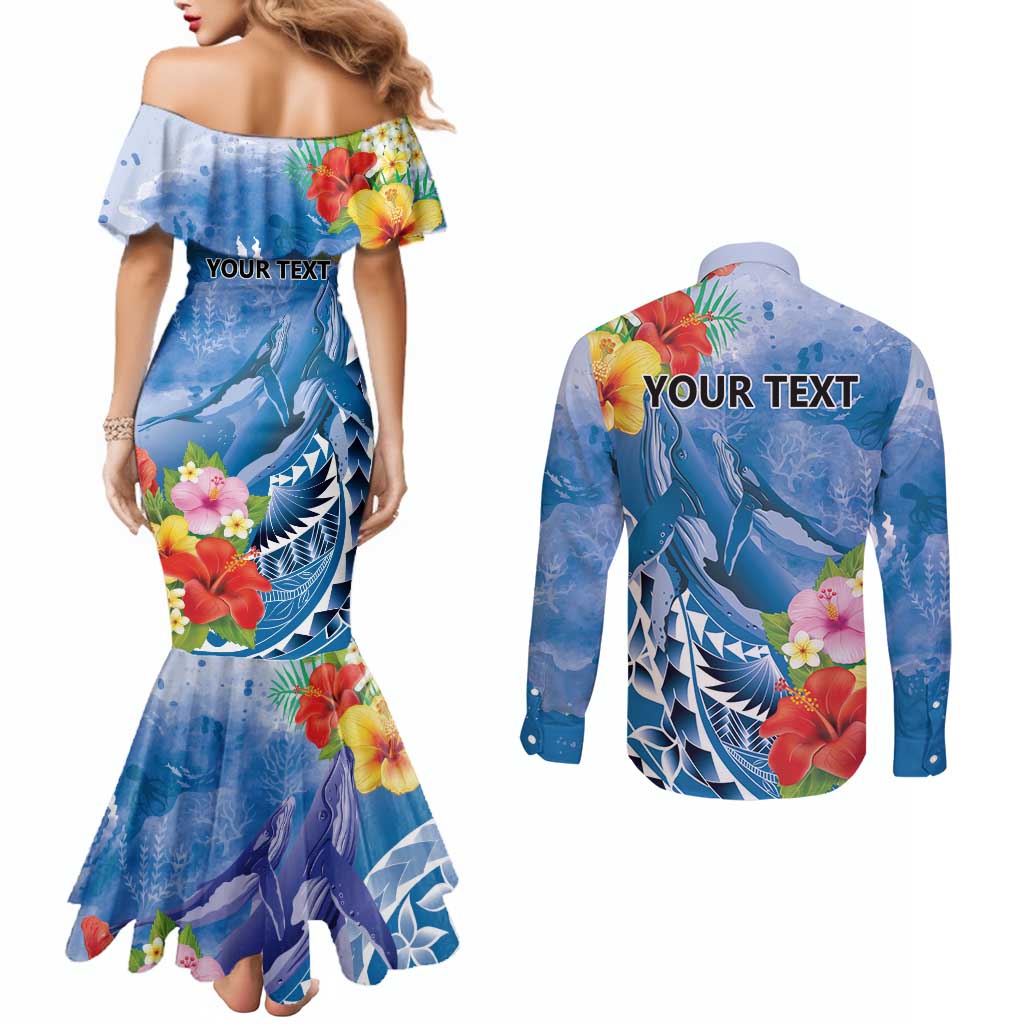 Personalised Yap States Humpback Whale Couples Matching Mermaid Dress and Long Sleeve Button Shirt Polynesian Tropical Flowers LT9 - Polynesian Pride