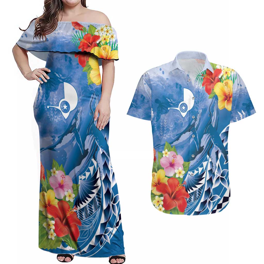 Personalised Yap States Humpback Whale Couples Matching Off Shoulder Maxi Dress and Hawaiian Shirt Polynesian Tropical Flowers