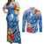 Personalised Yap States Humpback Whale Couples Matching Off Shoulder Maxi Dress and Long Sleeve Button Shirt Polynesian Tropical Flowers