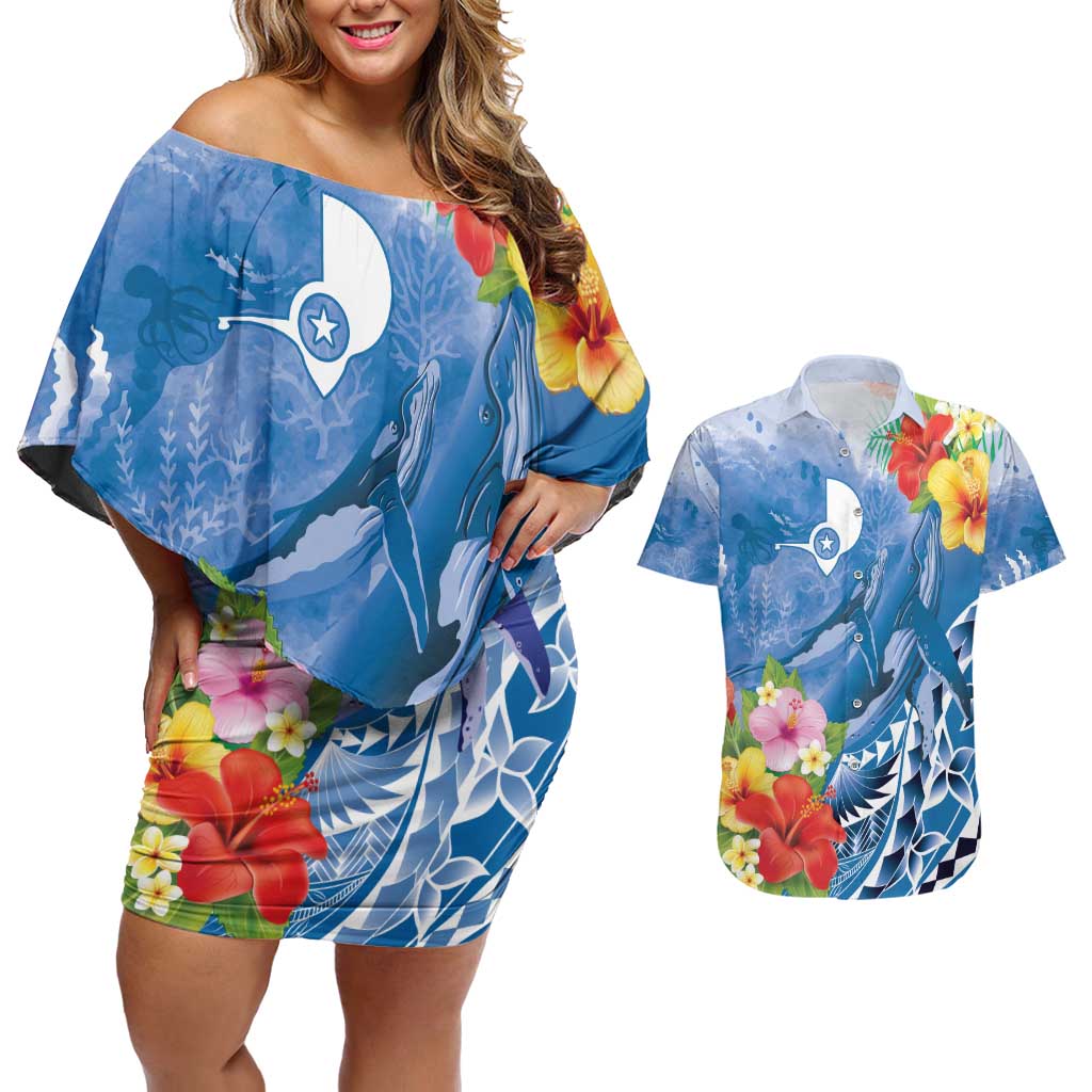 Personalised Yap States Humpback Whale Couples Matching Off Shoulder Short Dress and Hawaiian Shirt Polynesian Tropical Flowers