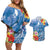 Personalised Yap States Humpback Whale Couples Matching Off Shoulder Short Dress and Hawaiian Shirt Polynesian Tropical Flowers