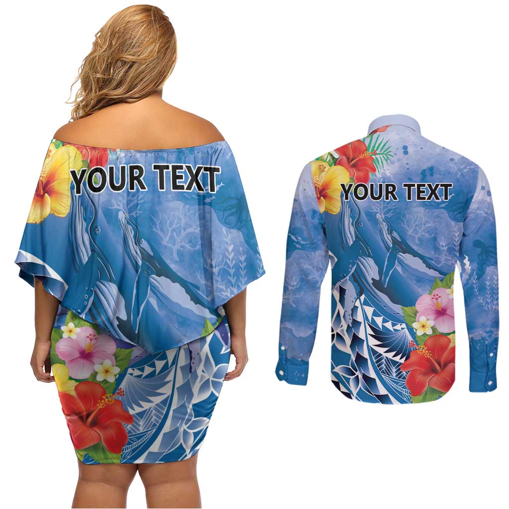 Personalised Yap States Humpback Whale Couples Matching Off Shoulder Short Dress and Long Sleeve Button Shirt Polynesian Tropical Flowers LT9 - Polynesian Pride