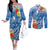 Personalised Yap States Humpback Whale Couples Matching Off The Shoulder Long Sleeve Dress and Long Sleeve Button Shirt Polynesian Tropical Flowers