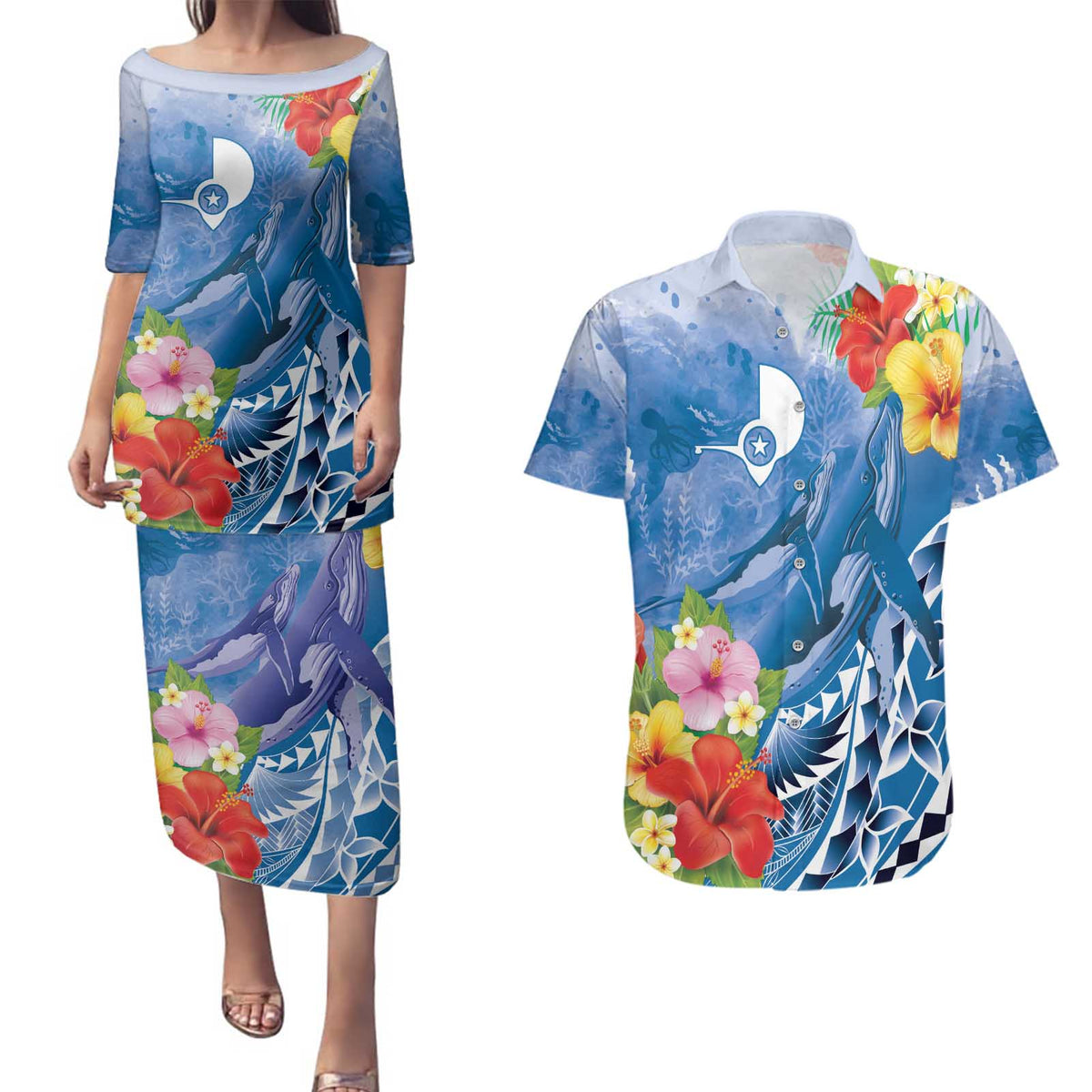 Personalised Yap States Humpback Whale Couples Matching Puletasi and Hawaiian Shirt Polynesian Tropical Flowers LT9 Blue - Polynesian Pride