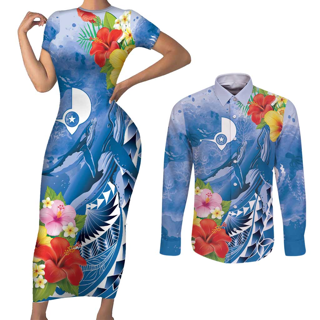 Personalised Yap States Humpback Whale Couples Matching Short Sleeve Bodycon Dress and Long Sleeve Button Shirt Polynesian Tropical Flowers