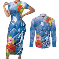 Personalised Yap States Humpback Whale Couples Matching Short Sleeve Bodycon Dress and Long Sleeve Button Shirt Polynesian Tropical Flowers LT9 Blue - Polynesian Pride