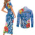 Personalised Yap States Humpback Whale Couples Matching Short Sleeve Bodycon Dress and Long Sleeve Button Shirt Polynesian Tropical Flowers