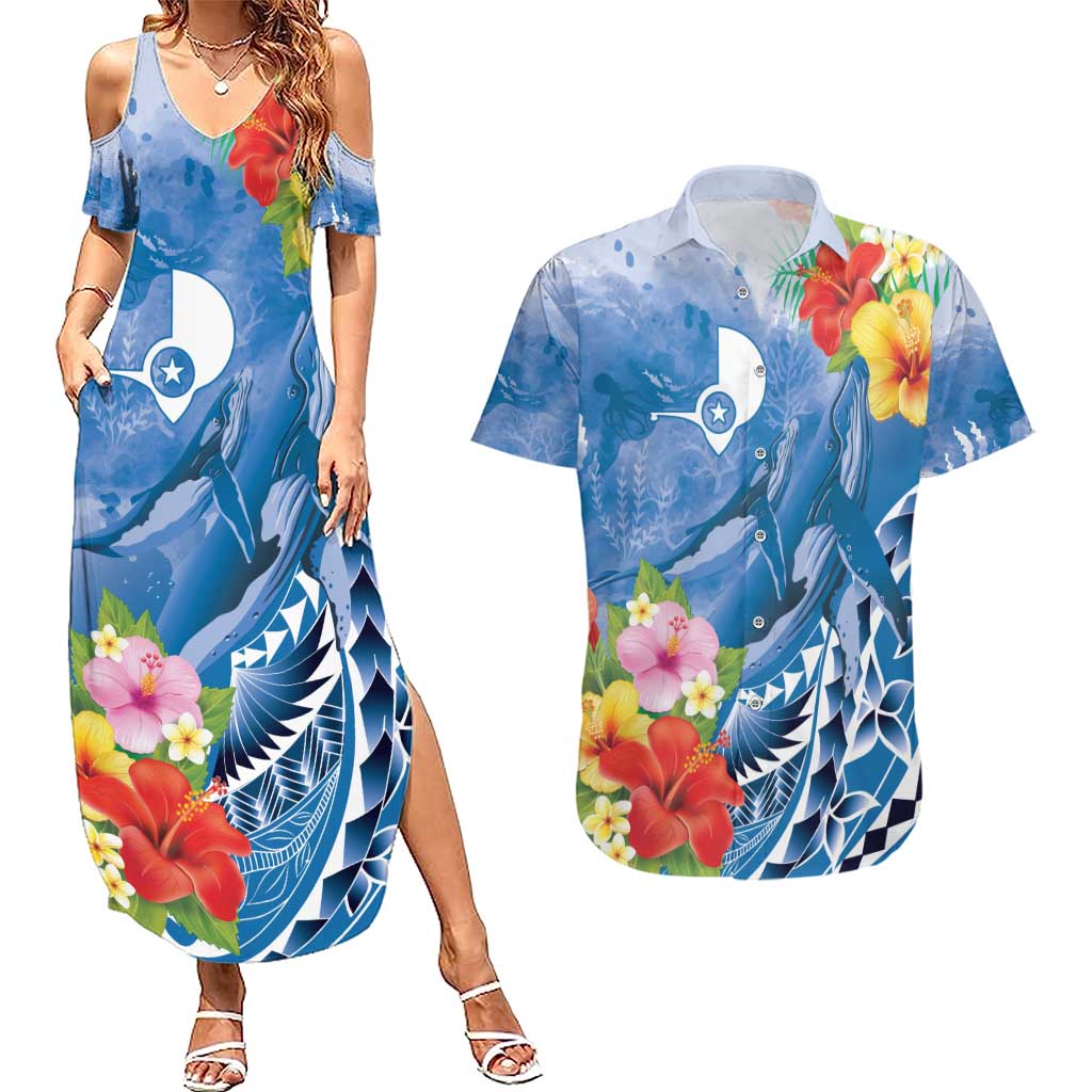 Personalised Yap States Humpback Whale Couples Matching Summer Maxi Dress and Hawaiian Shirt Polynesian Tropical Flowers