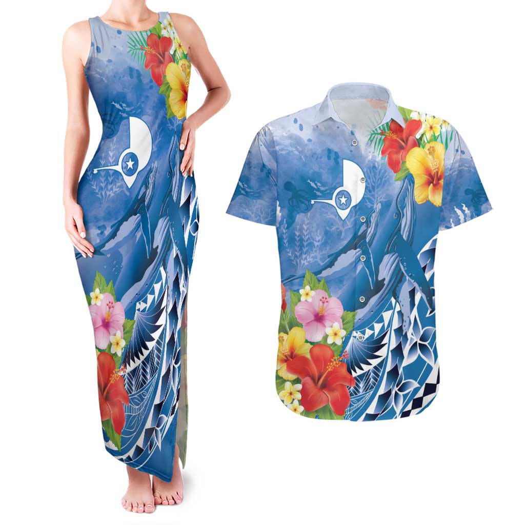 Personalised Yap States Humpback Whale Couples Matching Tank Maxi Dress and Hawaiian Shirt Polynesian Tropical Flowers LT9 Blue - Polynesian Pride
