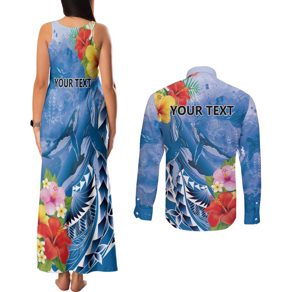 Personalised Yap States Humpback Whale Couples Matching Tank Maxi Dress and Long Sleeve Button Shirt Polynesian Tropical Flowers LT9 - Polynesian Pride