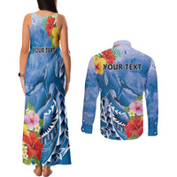 Personalised Yap States Humpback Whale Couples Matching Tank Maxi Dress and Long Sleeve Button Shirt Polynesian Tropical Flowers LT9 - Polynesian Pride
