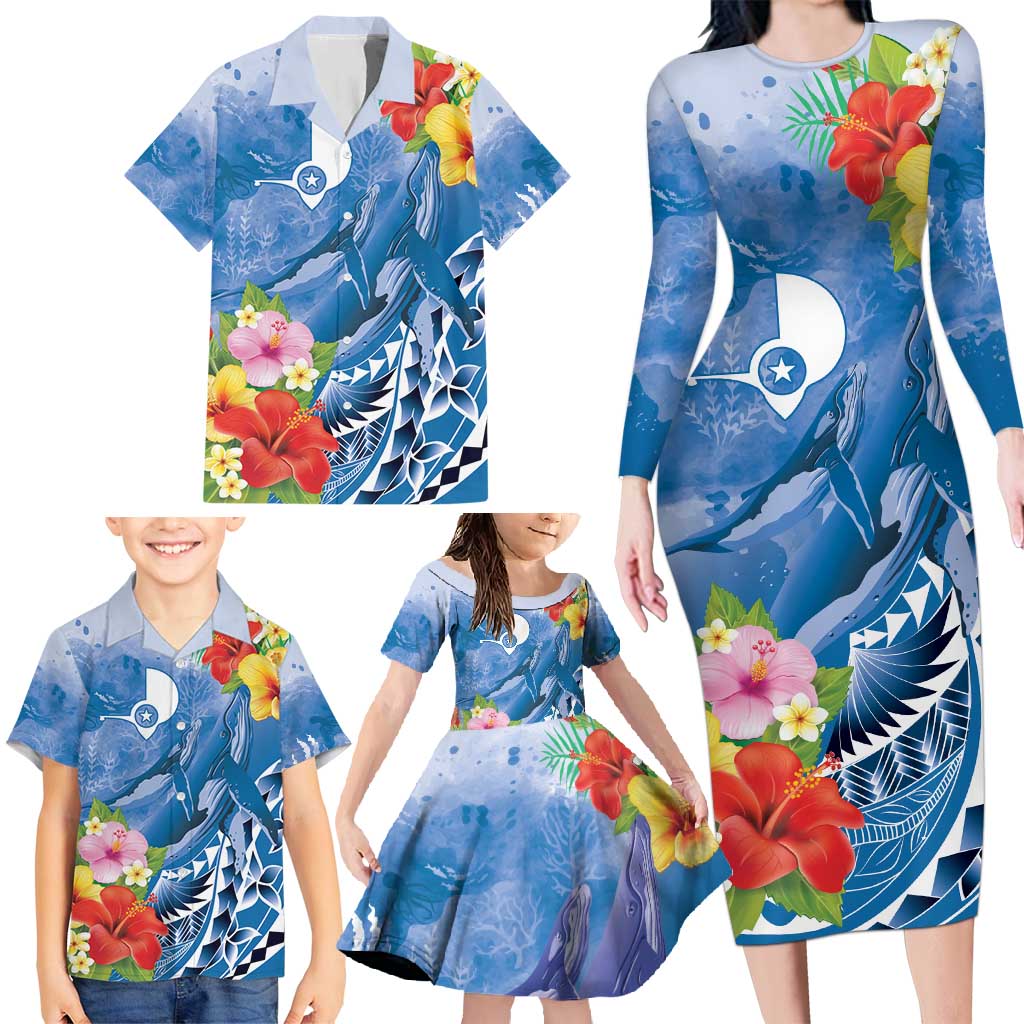 Personalised Yap States Humpback Whale Family Matching Long Sleeve Bodycon Dress and Hawaiian Shirt Polynesian Tropical Flowers LT9 - Polynesian Pride