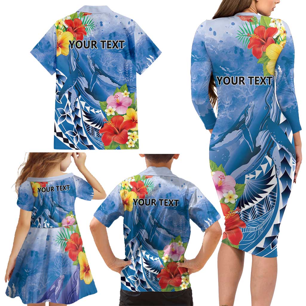 Personalised Yap States Humpback Whale Family Matching Long Sleeve Bodycon Dress and Hawaiian Shirt Polynesian Tropical Flowers LT9 - Polynesian Pride