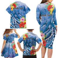 Personalised Yap States Humpback Whale Family Matching Long Sleeve Bodycon Dress and Hawaiian Shirt Polynesian Tropical Flowers LT9 - Polynesian Pride