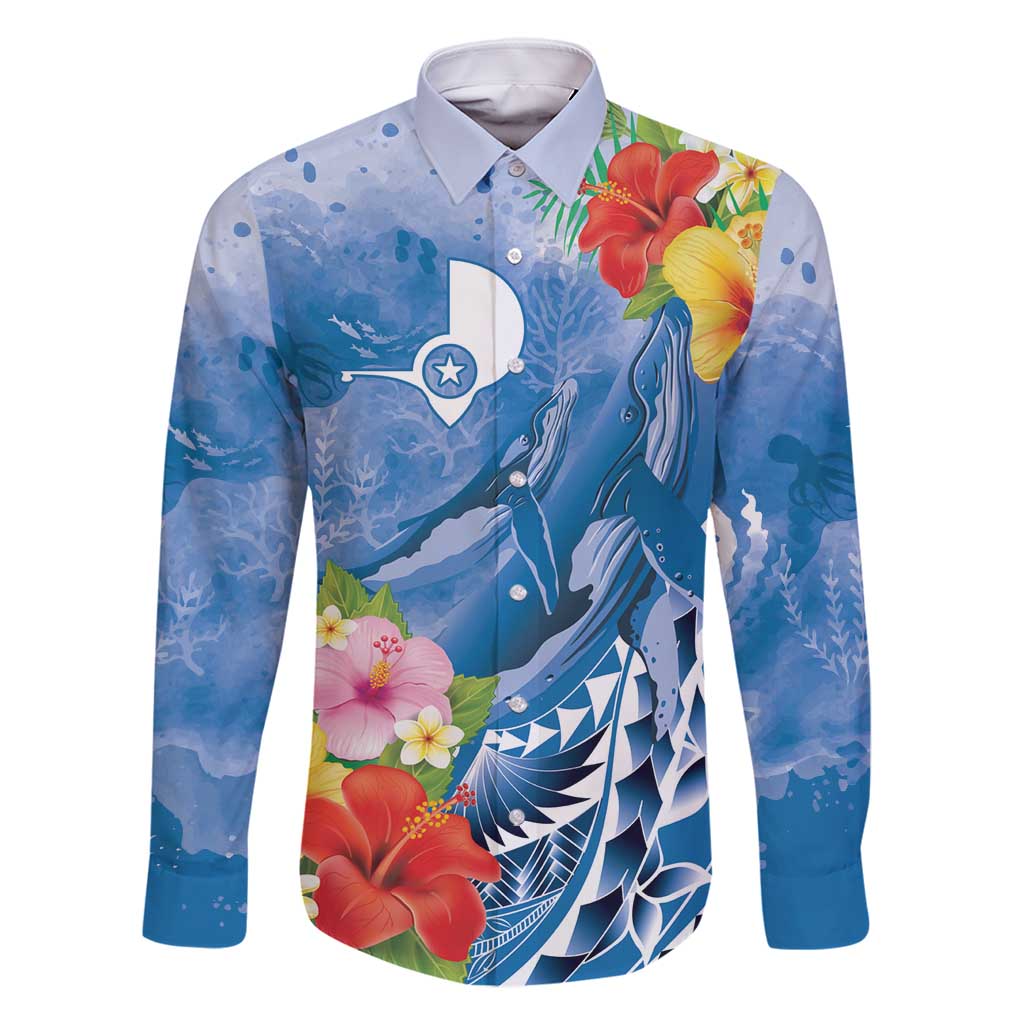 Personalised Yap States Humpback Whale Family Matching Mermaid Dress and Hawaiian Shirt Polynesian Tropical Flowers LT9 Dad's Shirt - Long Sleeve Blue - Polynesian Pride
