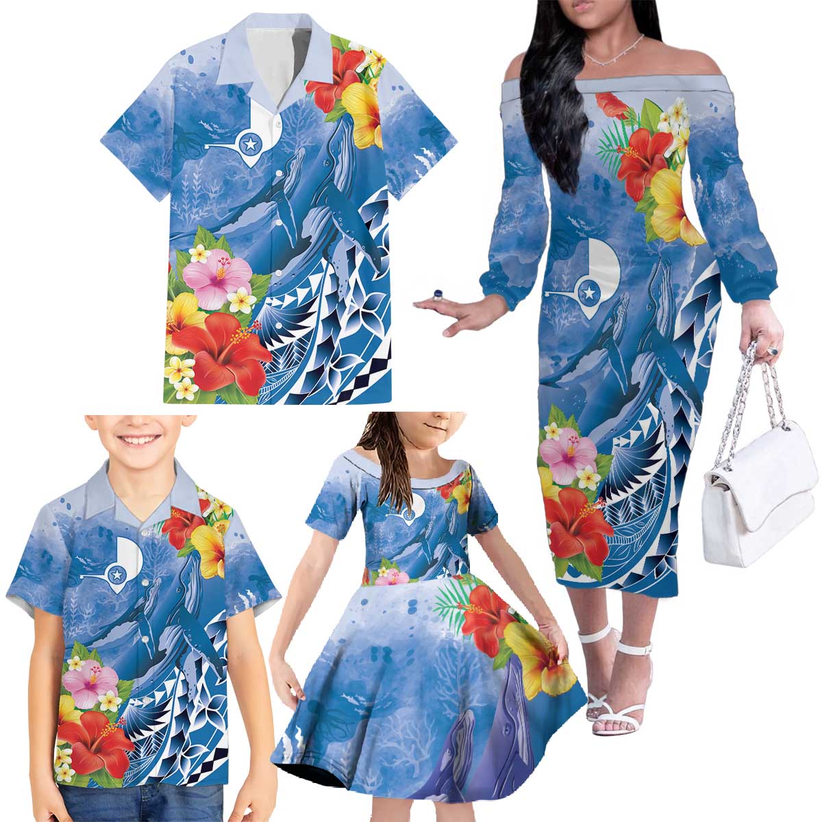 Personalised Yap States Humpback Whale Family Matching Off The Shoulder Long Sleeve Dress and Hawaiian Shirt Polynesian Tropical Flowers