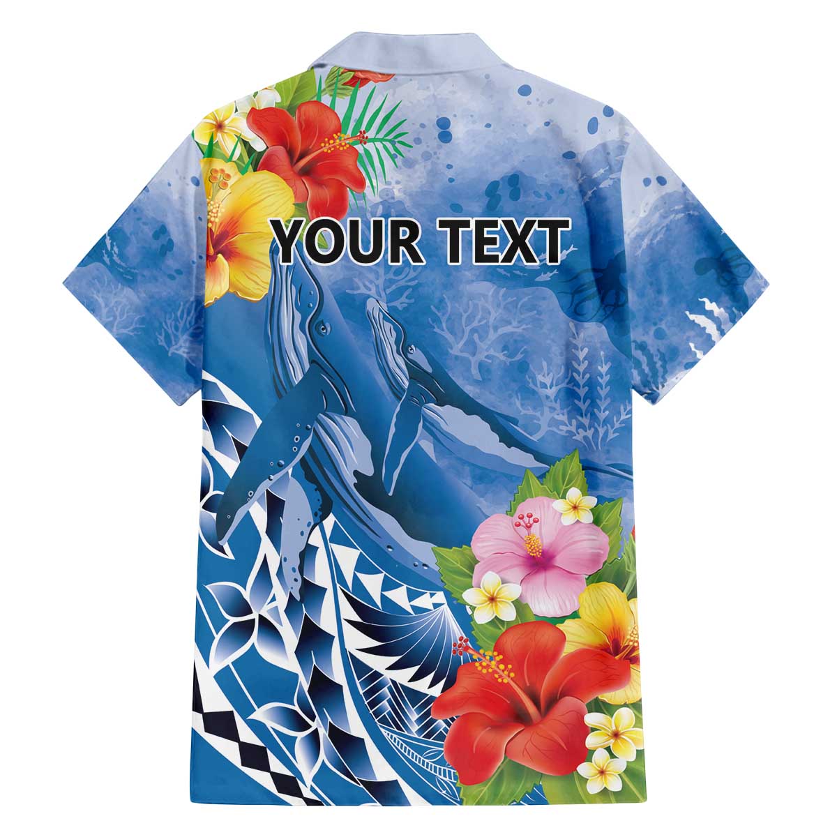 Personalised Yap States Humpback Whale Family Matching Off The Shoulder Long Sleeve Dress and Hawaiian Shirt Polynesian Tropical Flowers