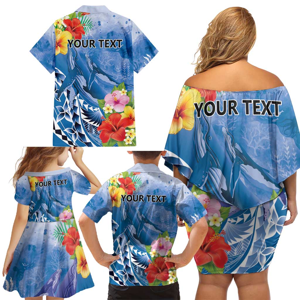 Personalised Yap States Humpback Whale Family Matching Off Shoulder Short Dress and Hawaiian Shirt Polynesian Tropical Flowers LT9 - Polynesian Pride