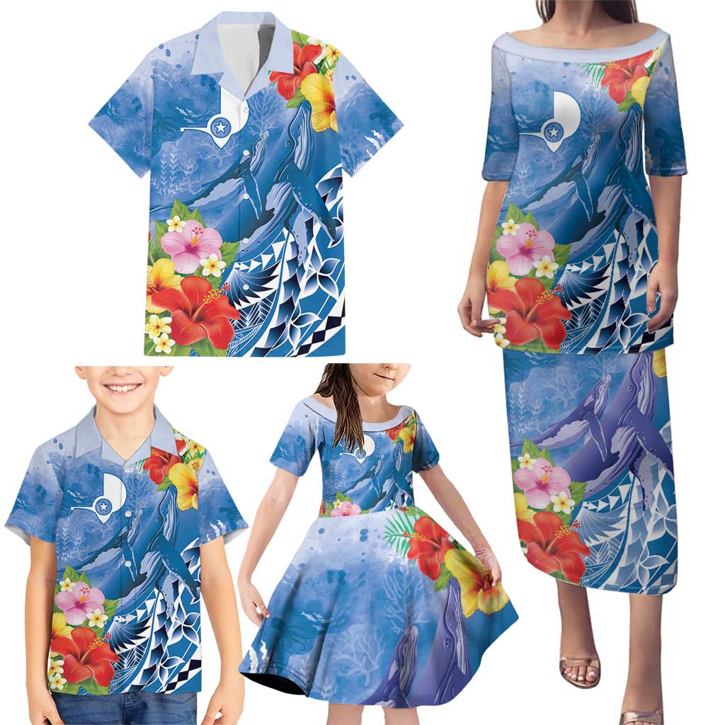 Personalised Yap States Humpback Whale Family Matching Puletasi and Hawaiian Shirt Polynesian Tropical Flowers