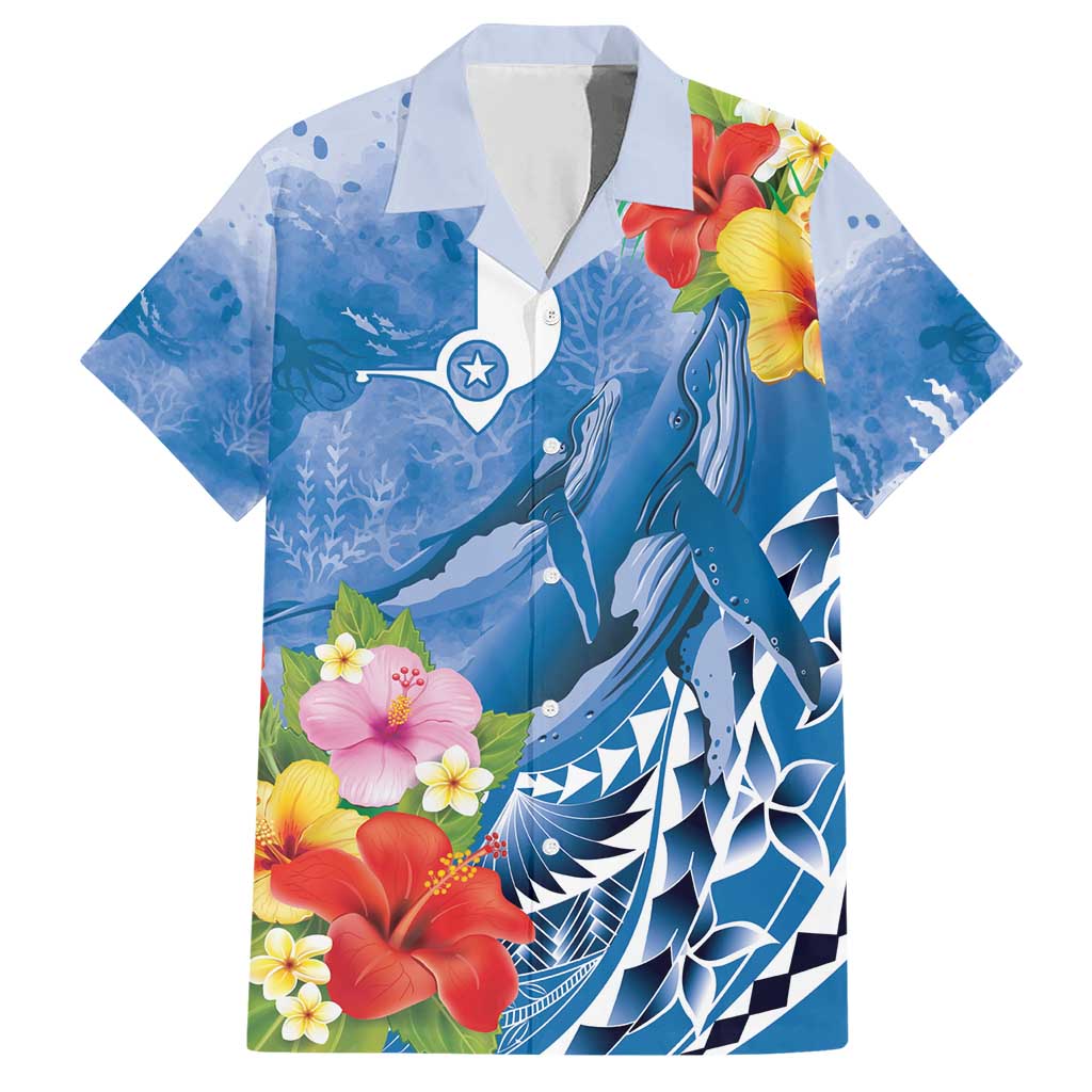 Personalised Yap States Humpback Whale Family Matching Short Sleeve Bodycon Dress and Hawaiian Shirt Polynesian Tropical Flowers LT9 Dad's Shirt - Short Sleeve Blue - Polynesian Pride